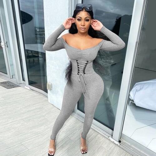 Ribbed Bodycon Off Shoulder Jumpsuits Lace Up Tie Long Sleeve Women Active Wear Casual Skinny Grey One Piece Outfit Winter Fall