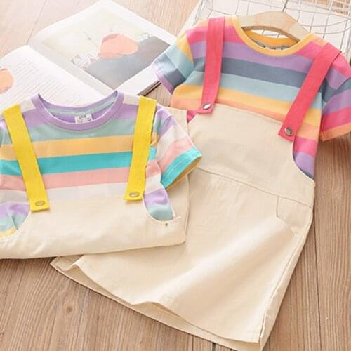 Summer New Kids Clothing Sets 2-9 Years Baby Girls Casual Lovely Suit Cotton Striped T Shirts Suspender Dress 2pcs Set for Girls