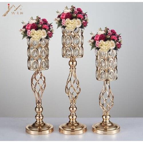 IMUWEN Metal Golden Candle Holders Hollow Crystal Wedding Table Candelabra Centerpiece Flower Rack Road Lead For Home Decor