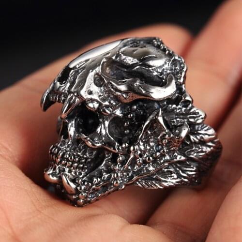 Vintage Indian Jaguar Warrior Skull Ring for Men Cool Stainless Steel Biker Rings Male Heavy Metal Punk Gothic Jewelry