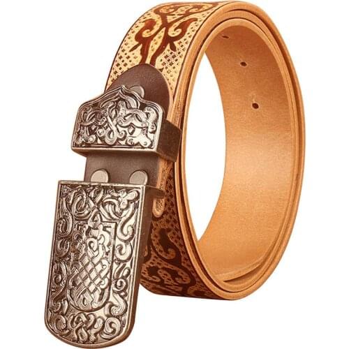 Quality Design Chinese Ethnic Style Auspicious Pattern Embossing Cow Genuine Leather Belt for Men 3.8cm Wide