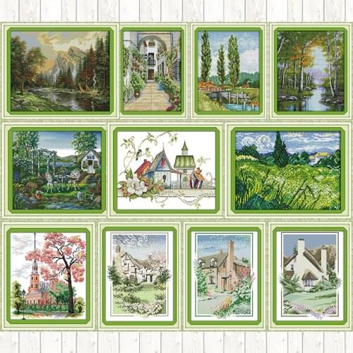 The Holiday House Printing Painting Scenery Series DIY Embroidery Kit Three Tree Counted Cross Stitch Kits Handmade Needlework