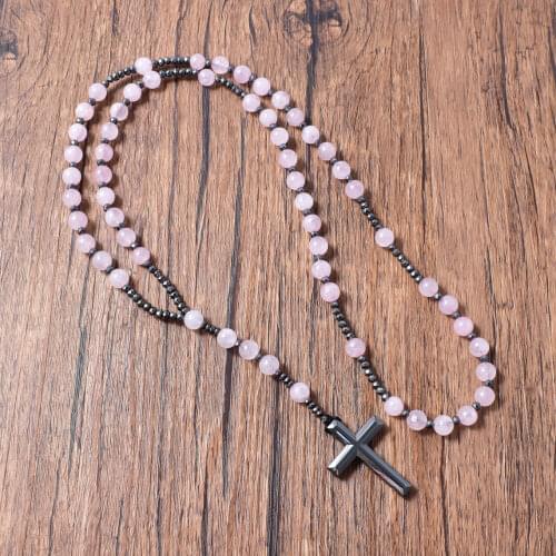 Natural Rose Quartz Hematite Cross Pendant Stone Protection Catholic Gifts Christian Jewelry Religious Rosary Meditation Mala