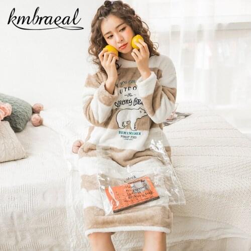 Sleepwear Dress Women Winter Coral Fleece Homewear Long Sleeve Korean Spring Thin Flannel Sweet Cute Nightdress Plus Size 3xl