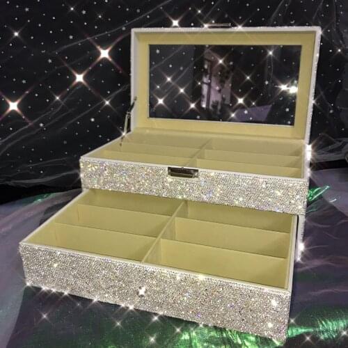 Large Sunglass Organizer Sparkling with Rhinestones Glasses Case Pu Leather Eyeglasses Collector Eyewear Display Storage Box