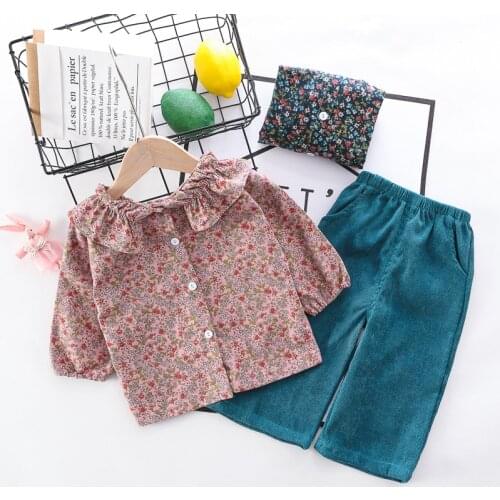 2021 autumn girl sets baby floral shirt spring Korean style shirt+bell bottoms childrens cotton fashion toddler costume