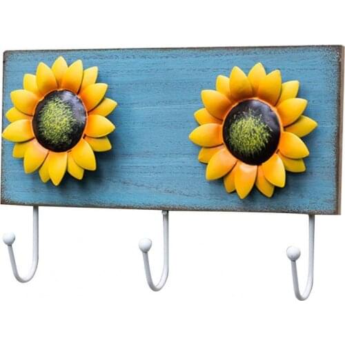 Retro Wood Metal Sunflower Keys Coats Hanger Kitchen Room Wall Hanging Hook