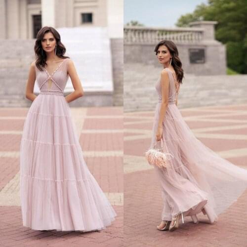 2020 Light Pink Evening Dresses V Neck A Line Pearls Cheap Women Receiption Gowns Custom Made Party Prom Dress