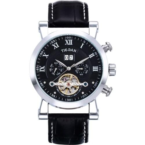 TIEDAN Mens Mechanical Watch Luxury Business Self-Winding Wristwatch Trendy Genuine Leather Fashion Date-Day Displa MEN GIFT