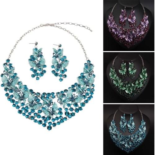 Vintage Statement Necklace Earring Set Butterfly Crystal Indian Bridal Jewelry Set Women Party Costume Luxury Big Jewellery Gift