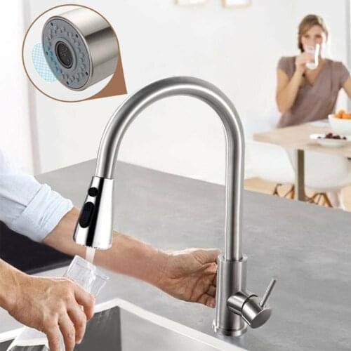 High Arc Pull Out Faucet Stainless Steel Kitchen Sink Faucet with Pull Down Sprayer With Water Stop Button