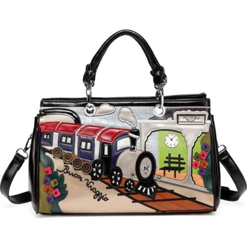 High Quality Pu Leather Tote Bags for Women 2021 Winter Korean Cartoon Train Stitching Handbag Creative Shoulder Crossbody Bags