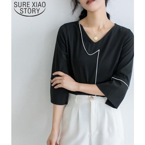 2021 Summer Chiffon Blouse White Black Tops for Women Three Quarter Loose Stitching Tops Casual Women Tops and Blouse 5251 50