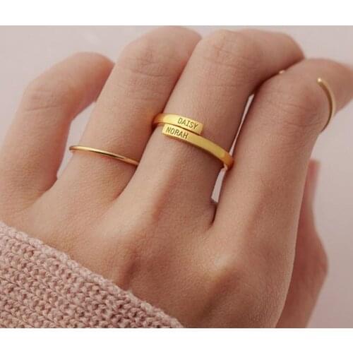 Custom TWO Name Ring Double Baguette Engraved Gold Ring Double Layer wedding ring For Women Couple Lovers Jewelry Bijoux Femme