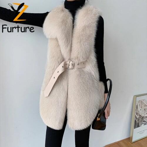 New Winter Fox Fur Vest Coat With Sashes Sleeveless Long Jacket Women Fox Fur Waistcoat Thick Outwear Fashion Real Fox Fur Vest
