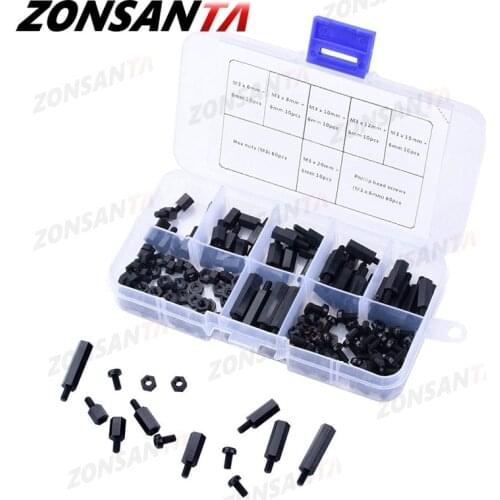 ZONSANTA 180Pcs M3 Black White Male Hex Nylon Spacer Column PCB Standoff Fixed Round Head Nylon Plastic Spacing Screws Nuts