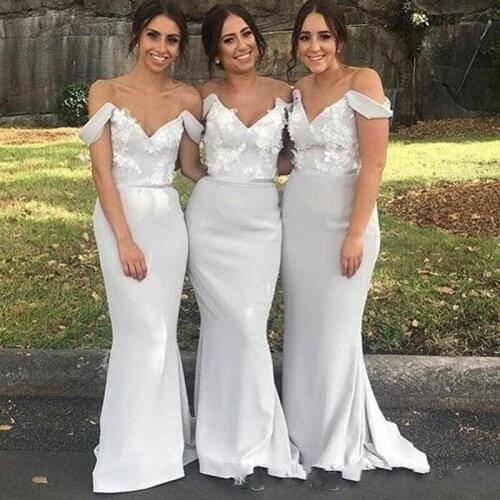 2020 Charming Mermaid Bridesmaid Dresses For Weddings Off Shoulder White Lace Appliques Sash Long Backless Maid of Honor Wedding