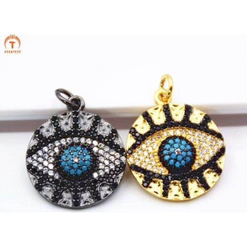 CZ Micro Pave white Evil Eye on Disc Round Charm/Pendant CZ in Black Gold Finish findings 23x18mm
