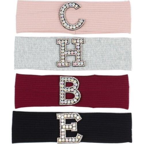 2020 Fashion Baby Girls AB Crystal Rhinestone letter Cotton headbands Kids Childs Toddler Ribbed Elastic Hair band Accessories