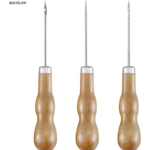 3Pcs/lot Wooden Handle Sewing Awl DIY Carft Stitch Needle Cone Die Stencils Canvas Shoes Repair Punch Awl Leather Craft Awl Tool