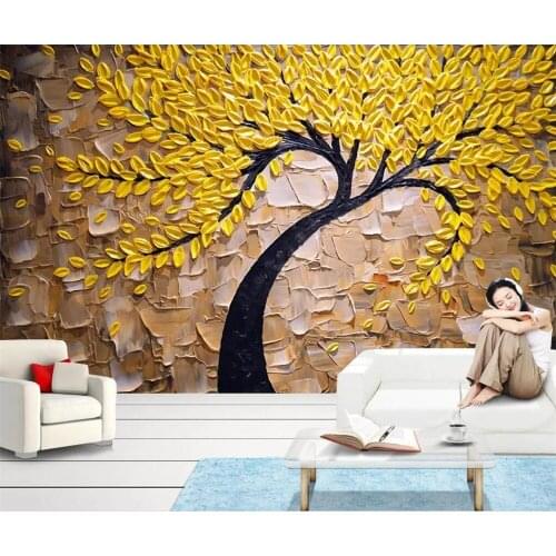 Beibehang Custom wallpaper 3D yellow Fortune tree oil painting stereo photo knife painting tooling wealth background wall paper