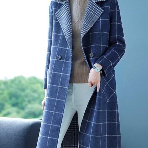 Long woolen blends cashmere coats for women 2019 autumn winter ladies jackets plus size overcoats navy plaid Double sided