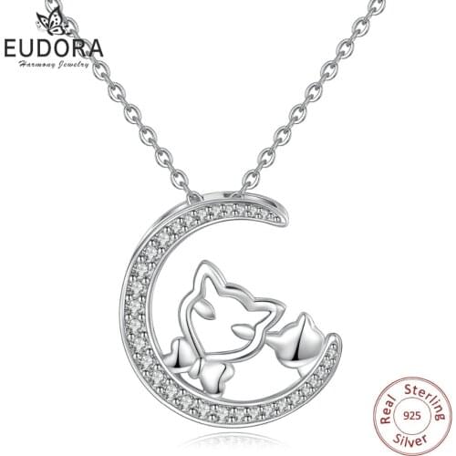 EUDORA NEW 925 Sterling Silver Cubic Zirconia Moon Wise Fox Pendant Necklace For Women Fine Sliver Jewelry Birthday Gift CYD329