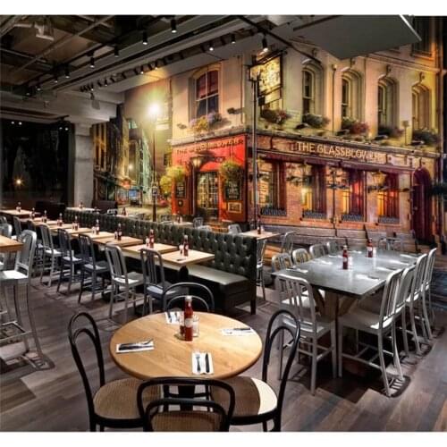Xuesu Customized 8d wallpaper mural fashion 3d three-dimensional warm light street corner shop bar cafe background wall