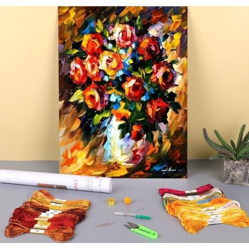 Oil Painting Style Red Roses Printed Water-Soluble Canvas 11CT Cross Stitch Embroidery Complete Kit DMC Threads Floss