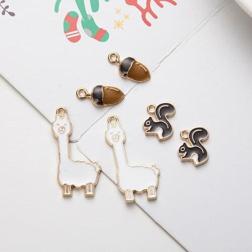 MRHUANG 10pcs/pack Alpaca Sheep Squirrel Pine nuts Enamel Charms Pendant for DIY Bracelet Hair Jewelry Components Golden Color