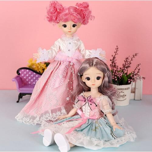 12 Inch BJD Doll with Dark Brown, Long Curly Hair, Skirt Set with Shoes, 30cm Movable Joints SD Doll Set for Girl as Gift