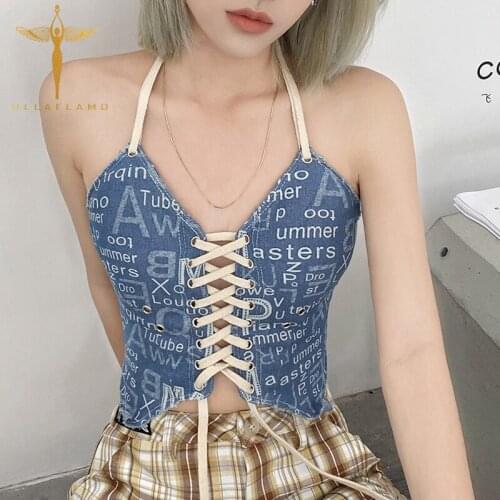 Halter Bandage Letter Print Blue Tank Tops Womens Summer Sexy Street Hollow Lace-Up Cross Camisole Female Irregular Hem Crop Top