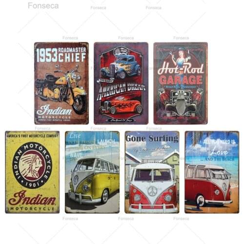 To Beach Bus Metal Tin Signs Vintage Bar Garage Decorative Metal Bus Motorcycle Plates Wall Art Route 66 Iron Painting 20*30 cm