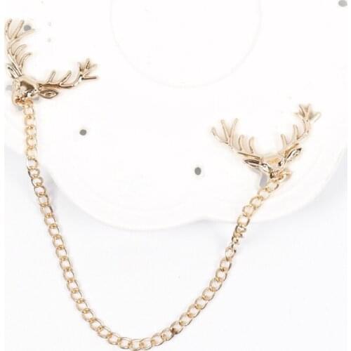 Deer Head Badge Animal Brooches Pins Gold Chain Tassel Suit Shirt Collar Needle Lapel Pin Men Women Fashion Christmas Jewelry