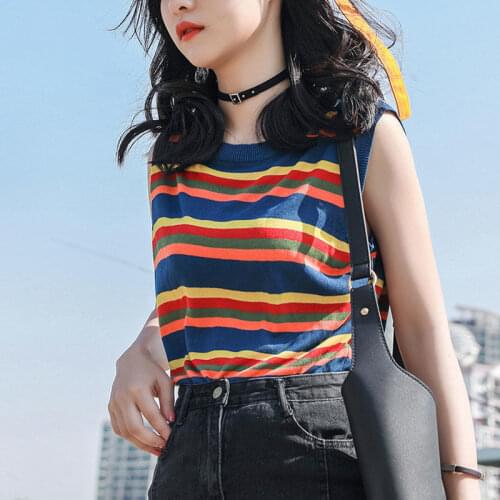 New Ice Silk Stripe Sleeveless Loose Top vest T-shirt Female Students Korean version of Harajufeng Wear Rainbow Knitted