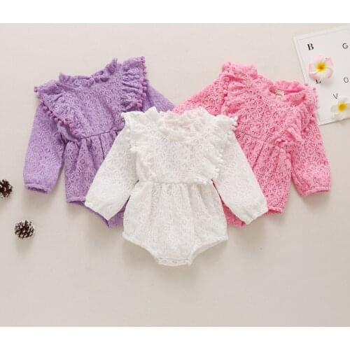 Newborn Infant Baby Girls Fashion Long Sleeve Lace Romper Stylish Solid Color Junpsuits Tassels Balls for Kids Spring Autumn