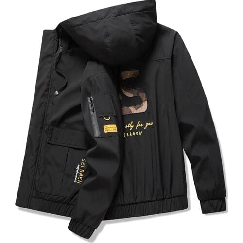 Solid Mens Hooded Jacket Winter Casual Bomber Jackets For Men Print Letter And Big Pocket Mens Hoodies Jacket Chaqueta Hombre