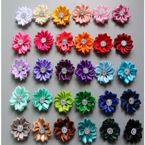 Wholesale DIY 1.5'' Mini Polyester Ribbon Polygonal Flowers With Rhinestone kids Girls Hair Accessory Head flowers 200pcs
