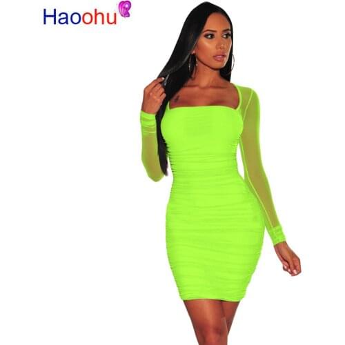 HAOOHU Autumn Women Square Tunic Drapped Mesh Long Sleeve Bodycon Mini Dress Female Club Night Party Dresses Vestido