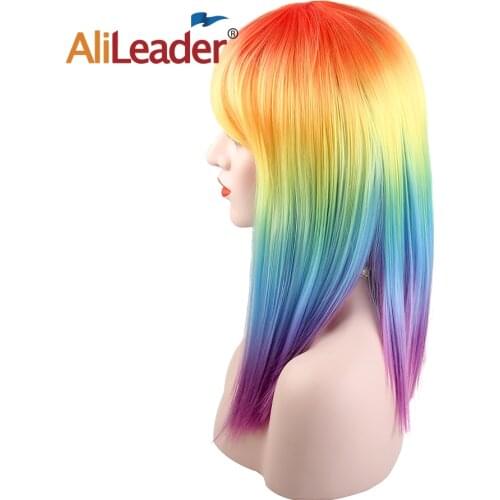 Alileader 16Inch Straight Rainbow Color Wig Womens Synthetic Hair High Temperature Fiber Cosplay Wigs For Black White Women