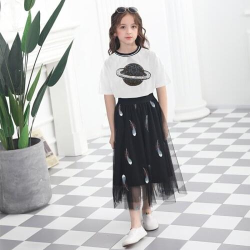 Sequined 10 12 years Girls Outfit Short Sleeve Skirts Clothing Set Summer Autumn Teenage Girl Big Girls Suits