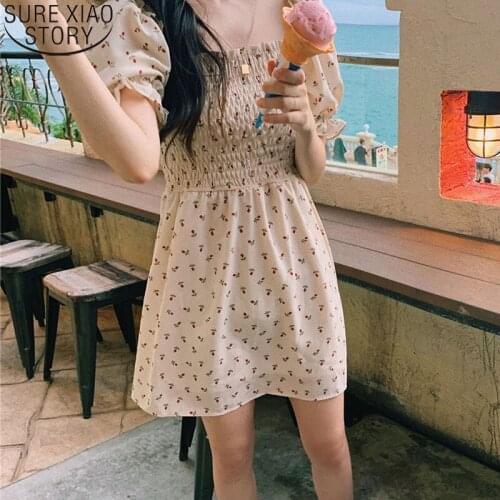 Square Collar Chiffon Floral Dress Party Dress A Line Vestido Boho Black Mini Vestidos Verano 2021 Korean Cute Harajuku 14386