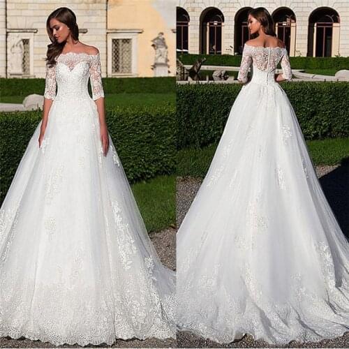 Bateau Half Sleeves A-Line Wedding Dresses White Garden Bridal Gowns Spring Lace Appliques Customized For Bride Fashion Dress