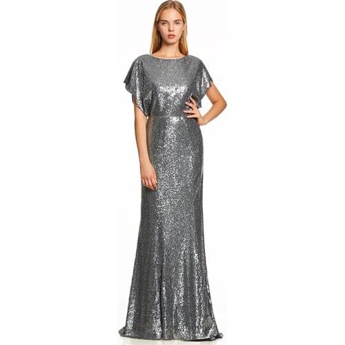 Tanpell backless long evening dress silver cap sleeves sequins floor length a line gown women prom scoop formal evening dresses