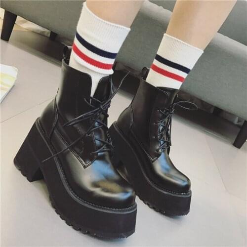 Lace up Cross-tied Martin Boots Women Round Toe Platform Boots Women Black Punk Goth Boots Ankle Winter Shoes Women