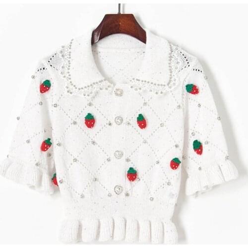 Summer Hollow Out Beading Strawberry Knit Cardigan for Women 2021 Sweet Fresh Casual Thin Sweaters Elegant All-match Woman Tops