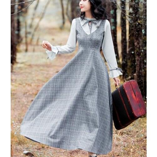 High Quality Best-selling Retro Elegant 2019 Spring New Arrival Stand Collar Plaid Woman Long Cotton Dress Grey