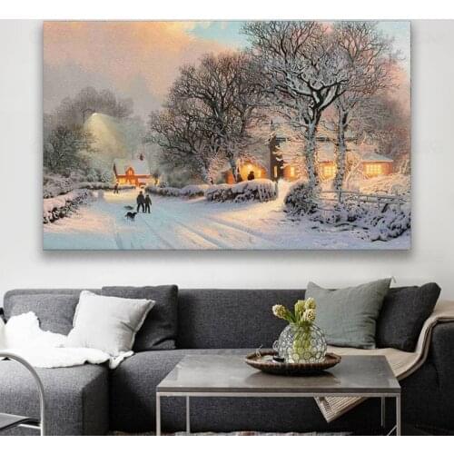 Canvas Painting Wall Art 1 Piece Comfortable Vintage Winter Village Snow Scene Pictures For Living Room Prints Poster Home Decor