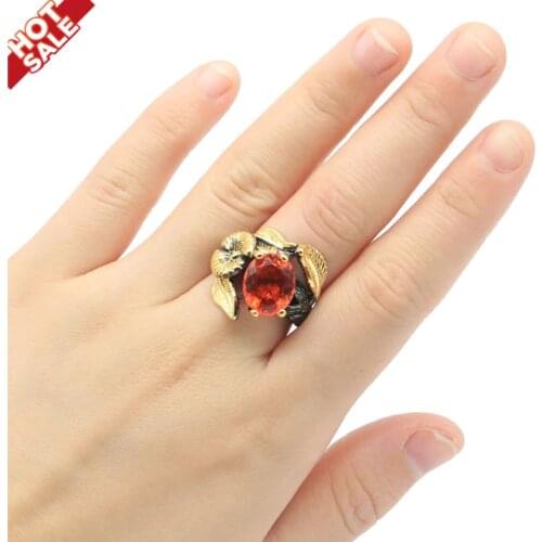 22x20mm Neo-Gothic Handmade Created Orange Spessartine Garnet Tourmaline For Man Cool Black Metal Silver Rings Eye Catching