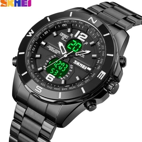 SKMEI Digital Quartz Mens Watch Sport 3Time Electronic Countdown Male Clock Stainless Steel Waterproof Chrono Wristwatch Reloj